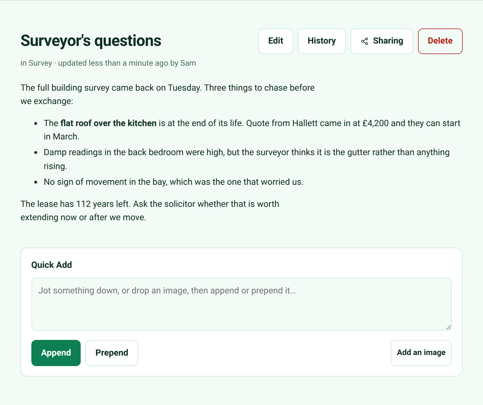 A note called Surveyor's questions showing rendered Markdown — a bulleted list with bold text — and a Quick Add box underneath.